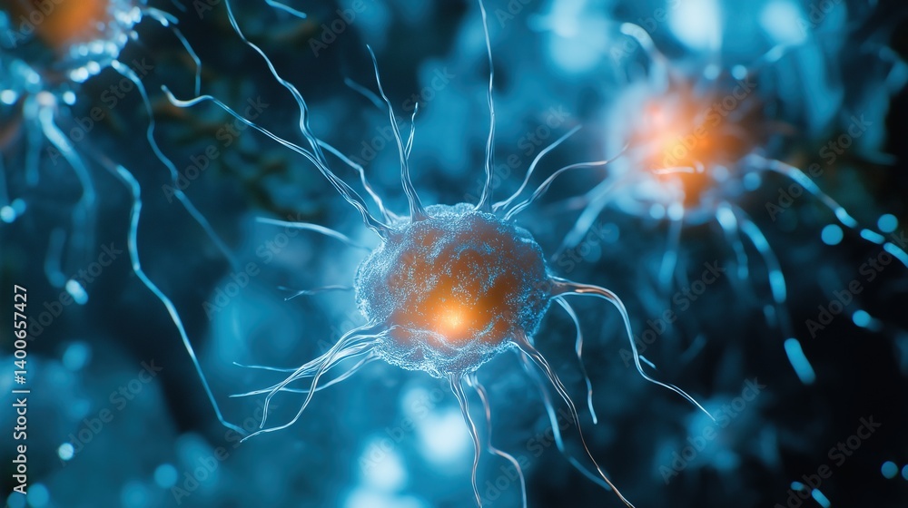 Poster abstract neural network circuitry glowing in dark blue digital space, showcasing hyper-realistic dat