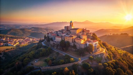 Obraz premium Aerial View of Sant Andrea di Suasa Hilltop Fortress Village, Italy - Summertime Minimalist Photography