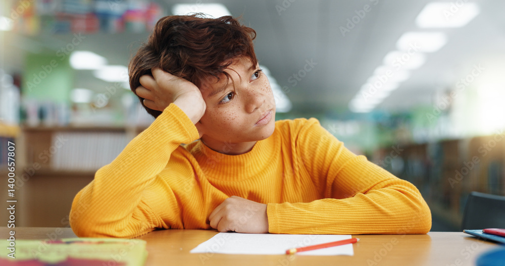 Poster Thinking, boy and student in library at school for planning, ideas and studying of learning solution. Bored, kid and lazy child with thoughts of education burnout, problem solving and exam reflection