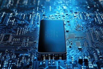 Modern smartphone surrounded by intricate circuit patterns and blue lighting in digital landscape