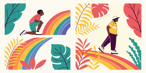 Hopeful Rainbow Path Colorful Flat Vector Art People Kneeling Walking