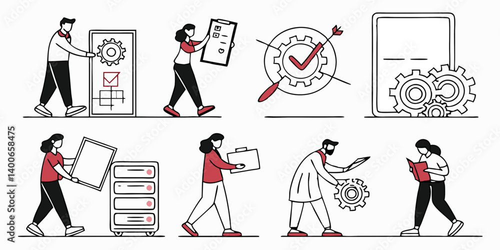 Poster system workflow management flat vector illustration people gears checklists servers