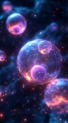 Fototapeta premium Pulsating orbs, warm amber and violet tones, dark void setting, soft radial light, spherical forms, energy trails.