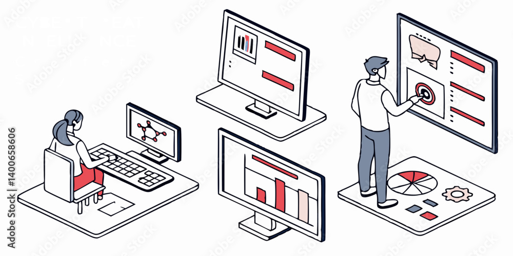 Poster isometric data analysis illustration: people analyzing data charts & graphs on screens