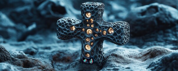 Organic cross design, biomorphic textures, surreal backdrop, 3D illustration