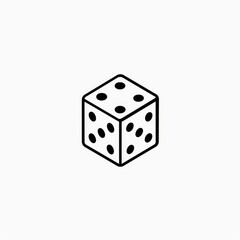 Simple black and white cube die graphic.  A basic illustration of a six-sided die, showing pips on each face