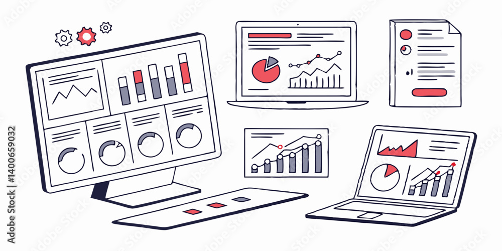 Poster red data dashboard illustration: computer screens laptops with business analytics charts and graphs