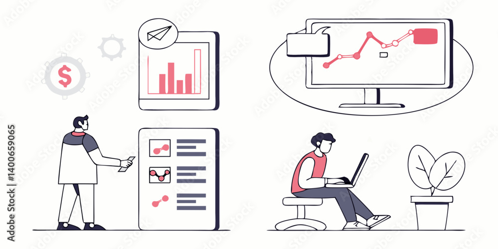 Poster business data analysis vector illustration: people analyzing financial charts on computer and mobile