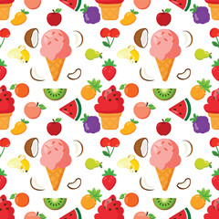 Mixed fruit ice cream seamless pattern Summer sweets background with strawberry apple watermelon mango kiwi coconut Bright and colorful frozen dessert design Repeatable fruity ice cream