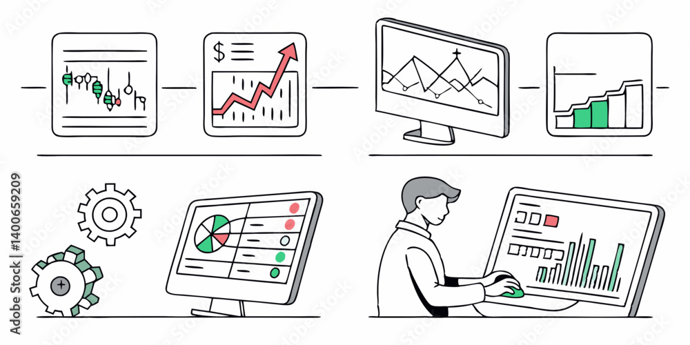 Aufkleber data analysis workflow charts graphs computer screens line art