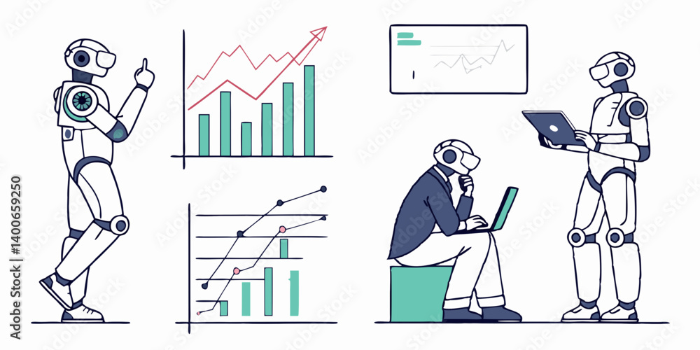 Poster ai robots analyzing business data charts and graphs | artificial intelligence technology illustratio