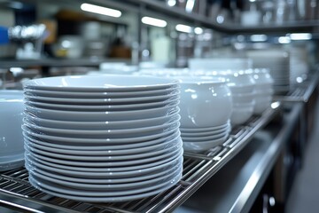 Stacked white plates and bowls in a commercial kitchen setup for effective advertising layouts