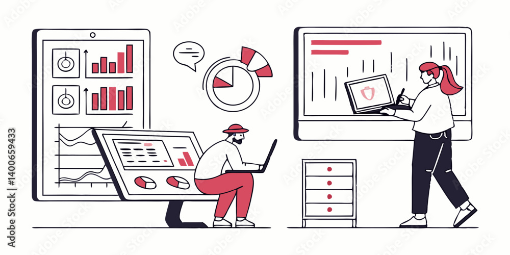 Aufkleber data analysis teamwork business presentation vector illustration flat design charts graphs dashboard