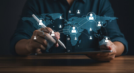 Global Network: Connecting People Worldwide with Digital Technology. Social Media, Business, Communication & International Connectivity concept