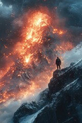 Fototapeta premium Person stands on a rocky cliff overlooking a fiery landscape with dramatic clouds.