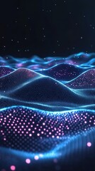 Obraz premium Abstract digital landscape with glowing waves and particles
