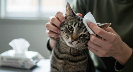 Cat Hygiene: Gentle Owner Wipes Tabby's Face Clean. Loving Care & Pet Wellness Portrait. Cleanliness and affection.
