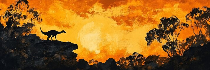 Dinosaur silhouette stands on a cliff against a bright orange sunset sky.