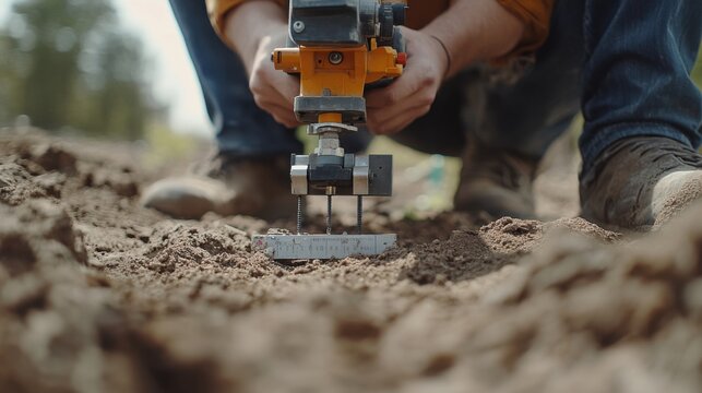Surveyor using a laser level to check ground alignment. Featuring precision and technical tools