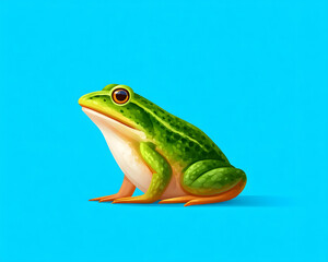 Obraz premium Vibrant green frog, side profile, sitting on a light blue background