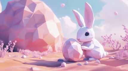Obraz premium Cute Bunny with Easter Egg Low Poly Pink Spring Landscape Art