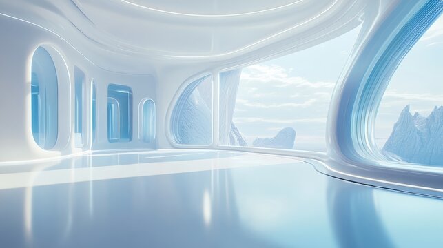 Futuristic, clean white interior with smooth