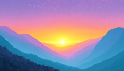 Obraz premium Vibrant sunset over layered pastel mountains