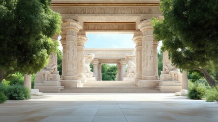 Obraz premium Ancient Egyptian temple colonnade. Sunlight filters through a spacious colonnaded courtyard. Sculpted figures and hieroglyphs adorn the columns and walls