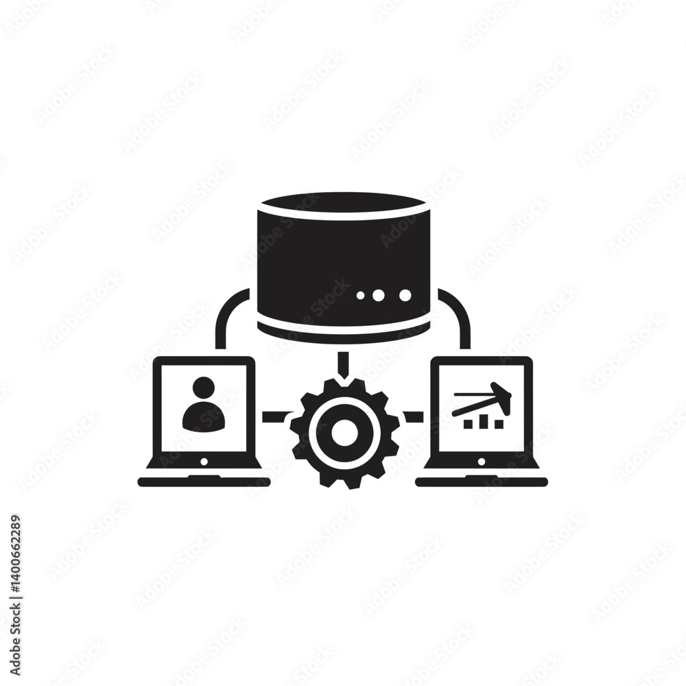 Poster data processing icon: a sleek icon depicts data transformation, linking a central database with a la