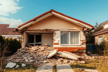 Damage to house caused by recent earthquake reveals severe structural cracks and collapse