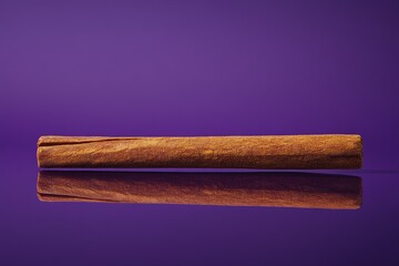 A single cinnamon stick lying on a reflective purple surface
