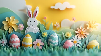 Fototapeta premium A joyful paper-cut Easter meadow with playful bunnies, colorful eggs and blooming flowers, all built in layered pastel paper art,