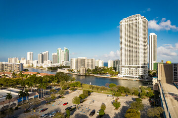 Hallandale Beach, Florida - Feb 12, 2025: Scenic skyline of Hallandale Beach featuring waterfront...