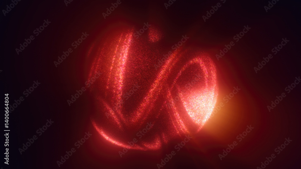 Poster a glowing red abstract shape with swirling patterns, emitting an intense light in a dark background,