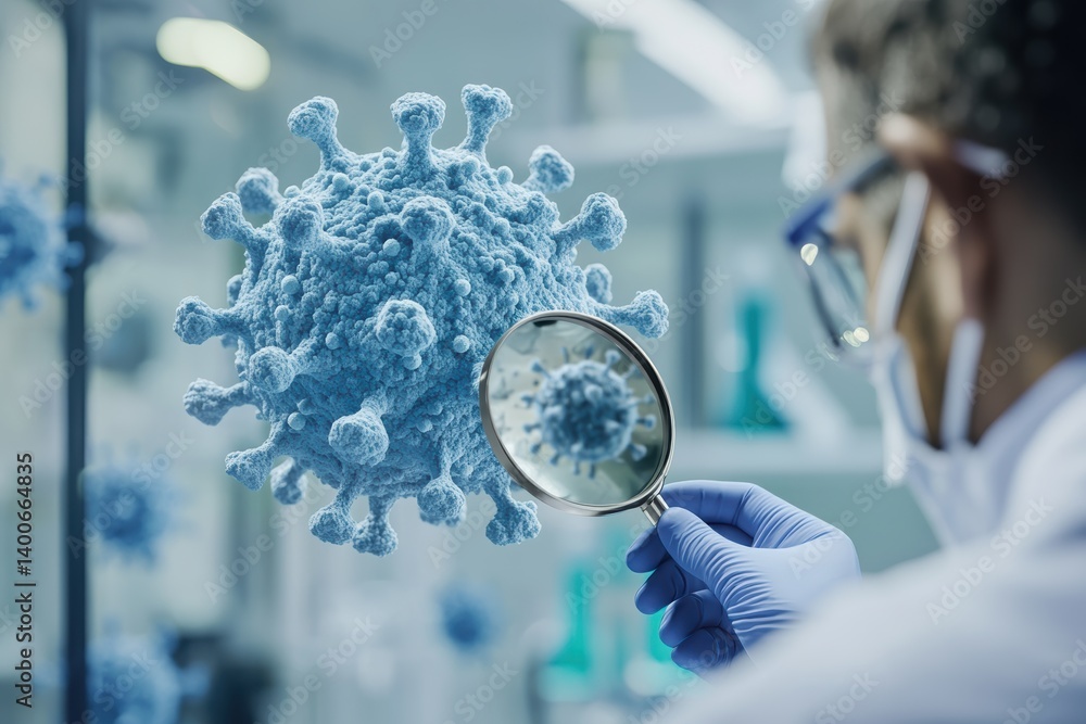 Aufkleber scientist examines virus structure in laboratory setting with magnifying glass