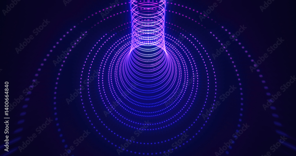 Poster abstract tunnel of glowing purple dots forming a vortex-like design, futuristic digital visualizatio