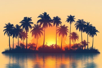 Obraz premium Silhouette icons of diverse coconut trees at sunset on a tranquil island reflection
