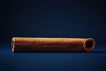 A Single Cinnamon Stick Isolated Against a Blue Background
