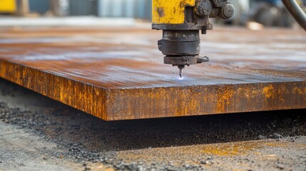 Welder cutting steel plates on a construction site. Featuring skill and safety