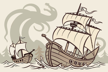 Vintage Cartoon Kraken Sea Monster vs Sailing Ships Maritime Adventure
