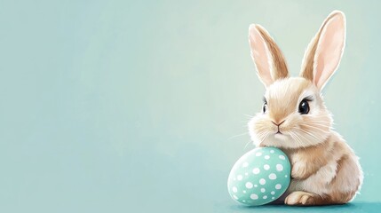 Fototapeta premium Cute Bunny Holding Easter Egg on Pastel Blue Background Illustration