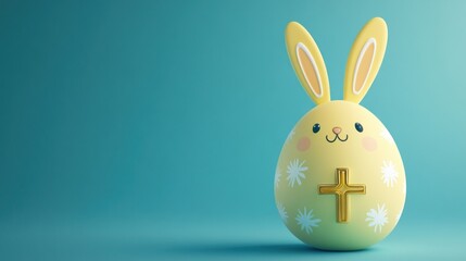 Obraz premium Cute Easter Bunny Egg with Christian Cross on Teal Background