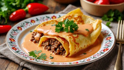 Hortobágyi palacsinta served with creamy paprika sauce and fresh parsley on a traditional patterned plate