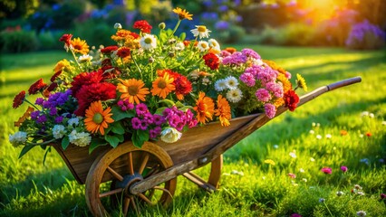 Aerial View of Colorful Flowers in a Wheelbarrow - Drone Photography