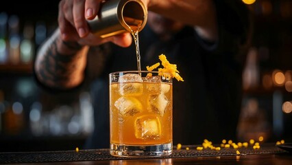 Bartender mid-pour of ginger miso sour cocktail with clear ice and torched lemon zest