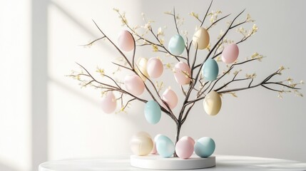 Decorated Easter Egg Tree on White Table for Festive Celebration