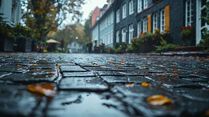 Obraz premium Rainy Day on a Cobblestone Street with Autumn Leaves and Historic Buildings in the City.