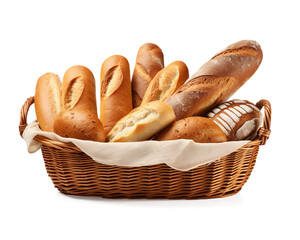Basket with assorted bread loaves isolated on a transparent background