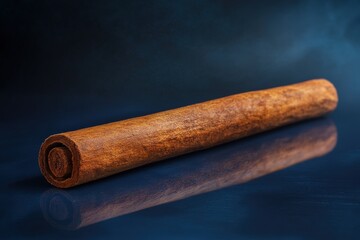 A single cinnamon stick reflected on a dark colored surface
