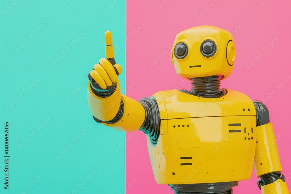 Poster yellow robot pointing finger toward colorful background in artful display
